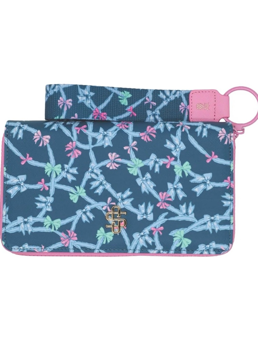 Simply Southern Designer Wallet and Key Fob Blue Floral Clutch with Pink Trim
